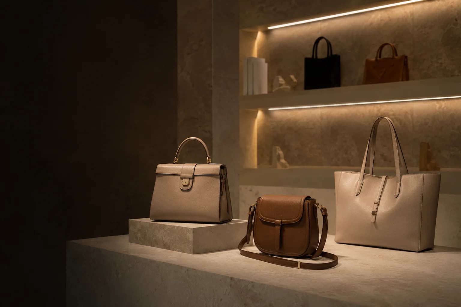 SUSEN, CHRISBELLA, and BAGCO handbags displayed in a premium showroom